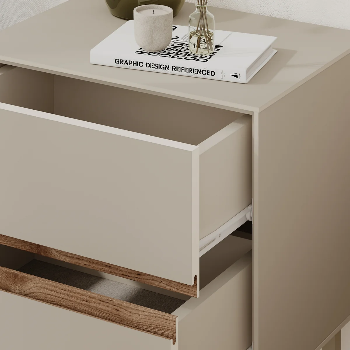 Decortie Arch Two Drawer Bedside Table - Sandstone, Whiskey Oak – image 4