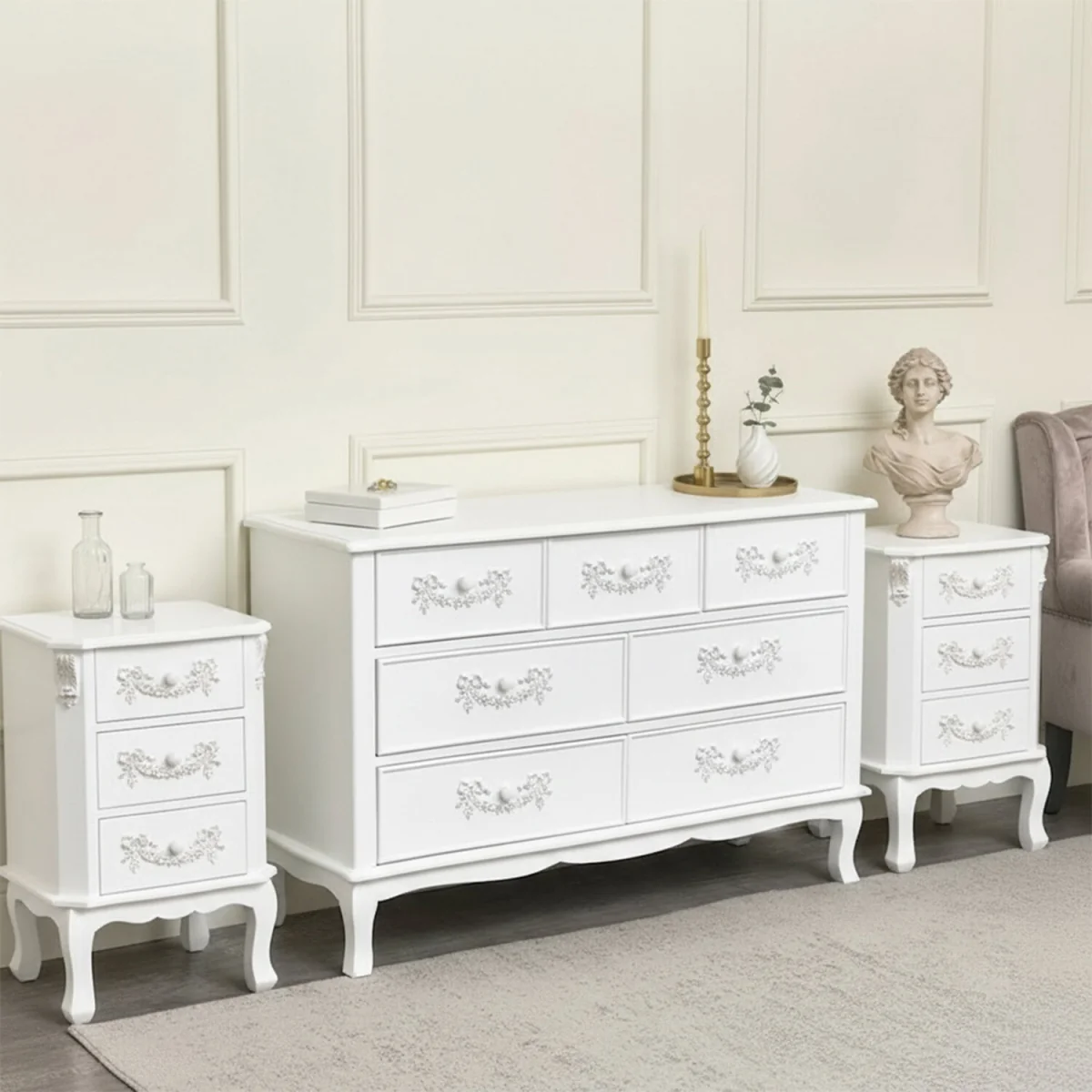 Antique White 7 Drawer Chest Of Drawer & Pair Of 3 Drawer Bedside Tables - Pays Blanc Range