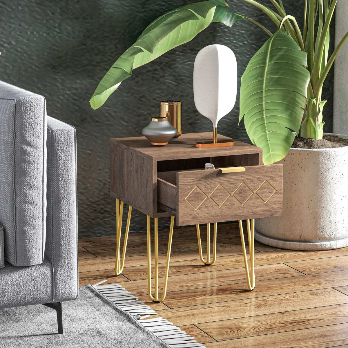 Keso Set of 2 Bedside Tables with Drawers and Gold-Tone Legs – image 3