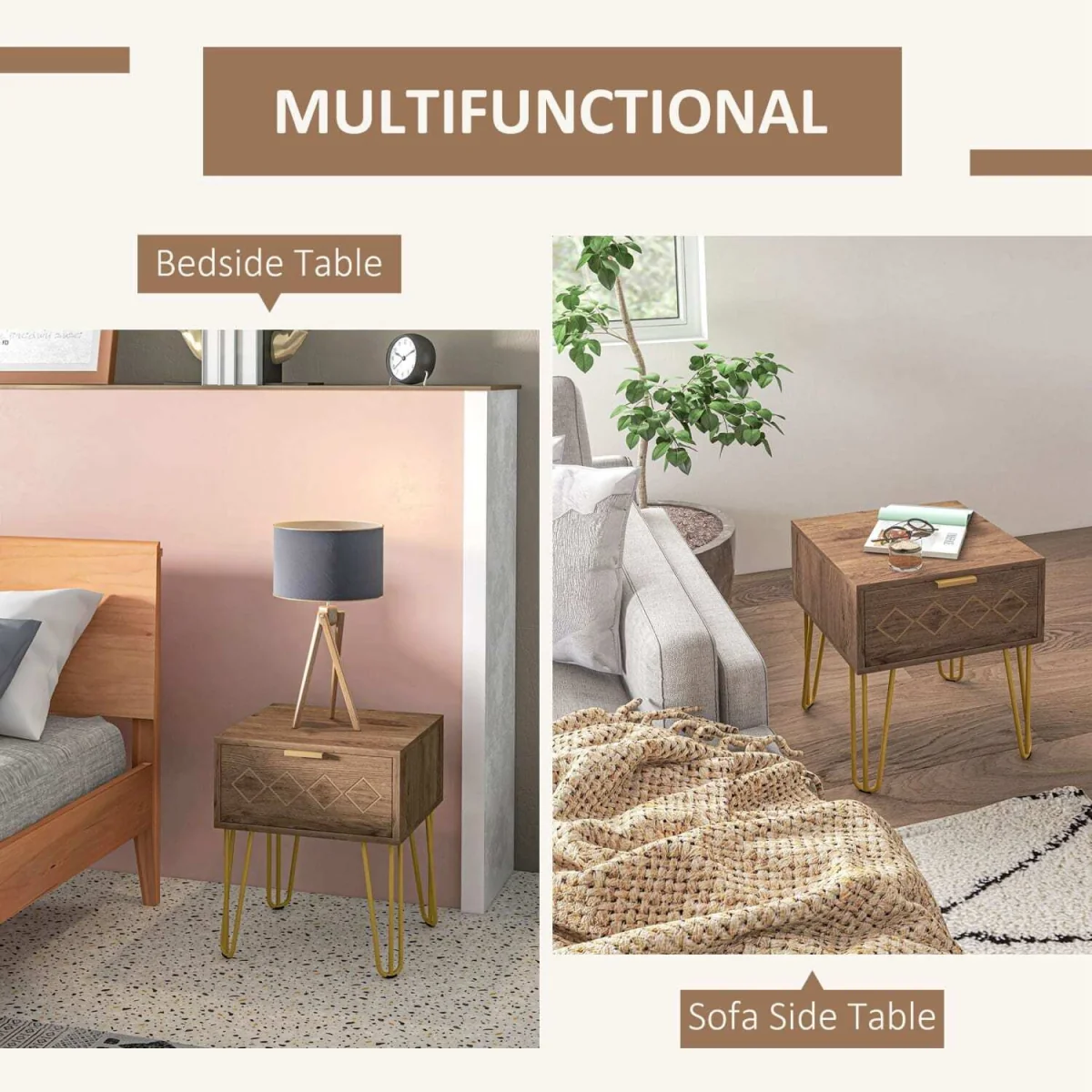 Keso Set of 2 Bedside Tables with Drawers and Gold-Tone Legs – image 5
