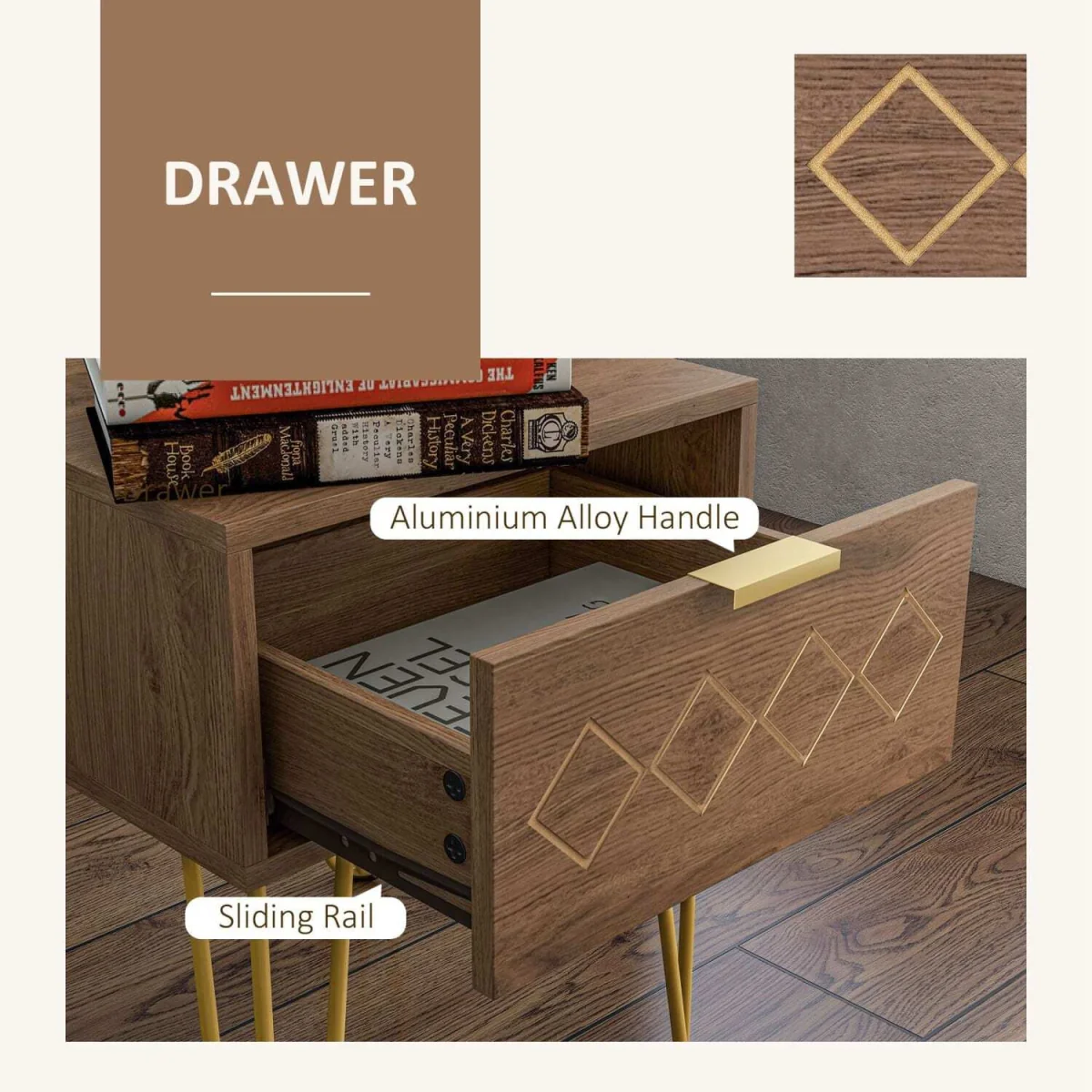 Keso Set of 2 Bedside Tables with Drawers and Gold-Tone Legs – image 6