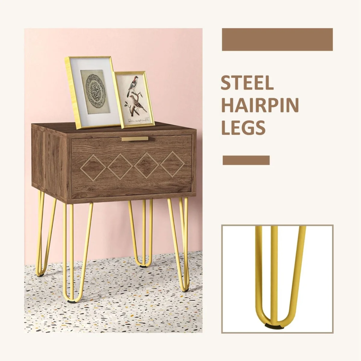 Keso Set of 2 Bedside Tables with Drawers and Gold-Tone Legs – image 7