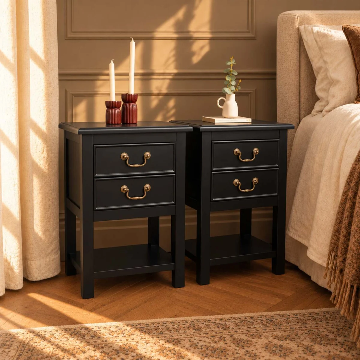 Set of 2 Briggs 2 Drawer Bedside Tables with Shelf - Black – image 1