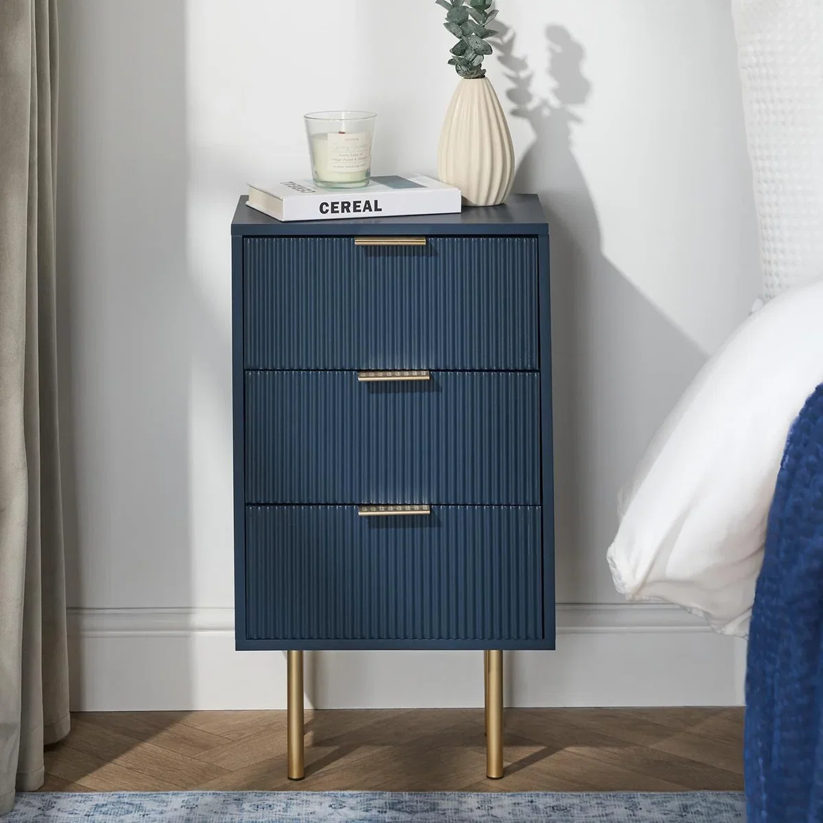 OHS Ribbed 3-Drawer Bedside Table - Navy – image 2