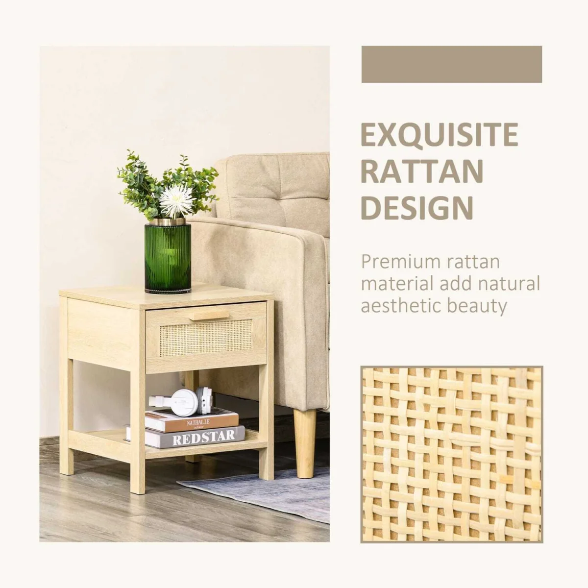 Vicoha Set of 2 Natural Rattan Drawer Bedside Tables with Open Shelf – image 2