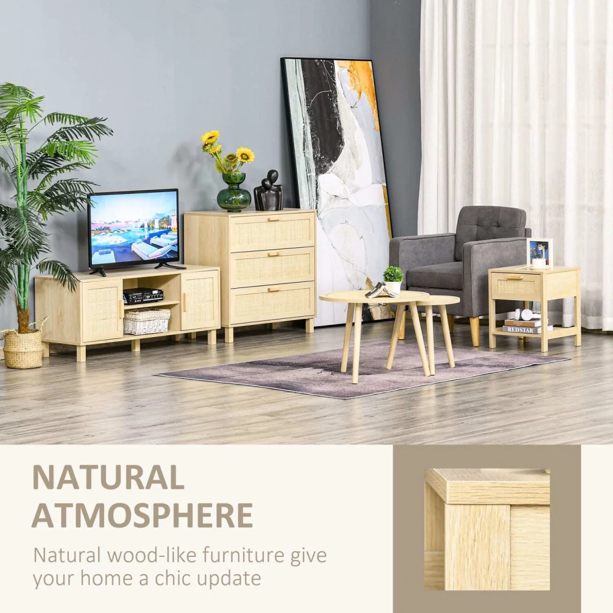 Vicoha Set of 2 Natural Rattan Drawer Bedside Tables with Open Shelf – image 5
