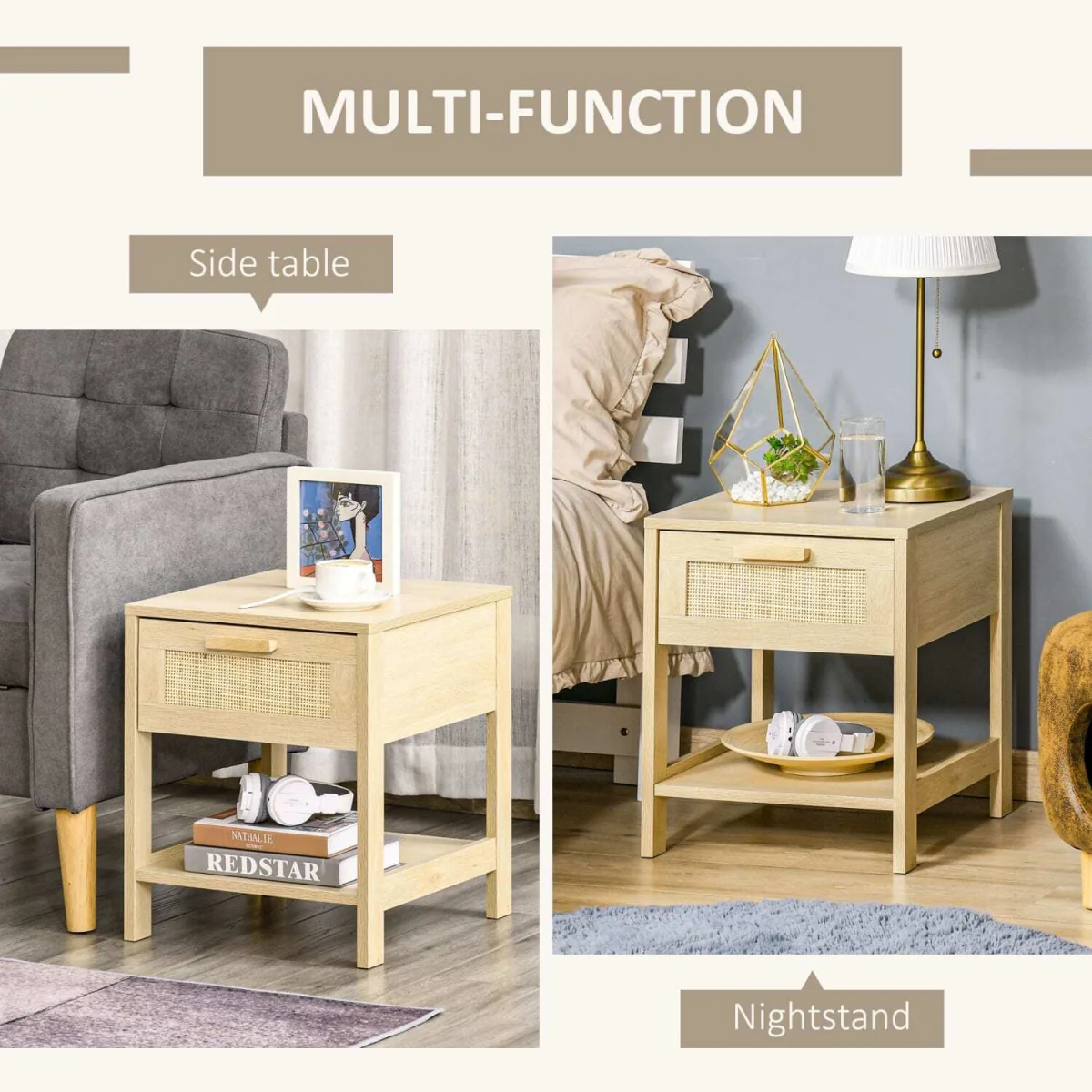 Vicoha Set of 2 Natural Rattan Drawer Bedside Tables with Open Shelf – image 6