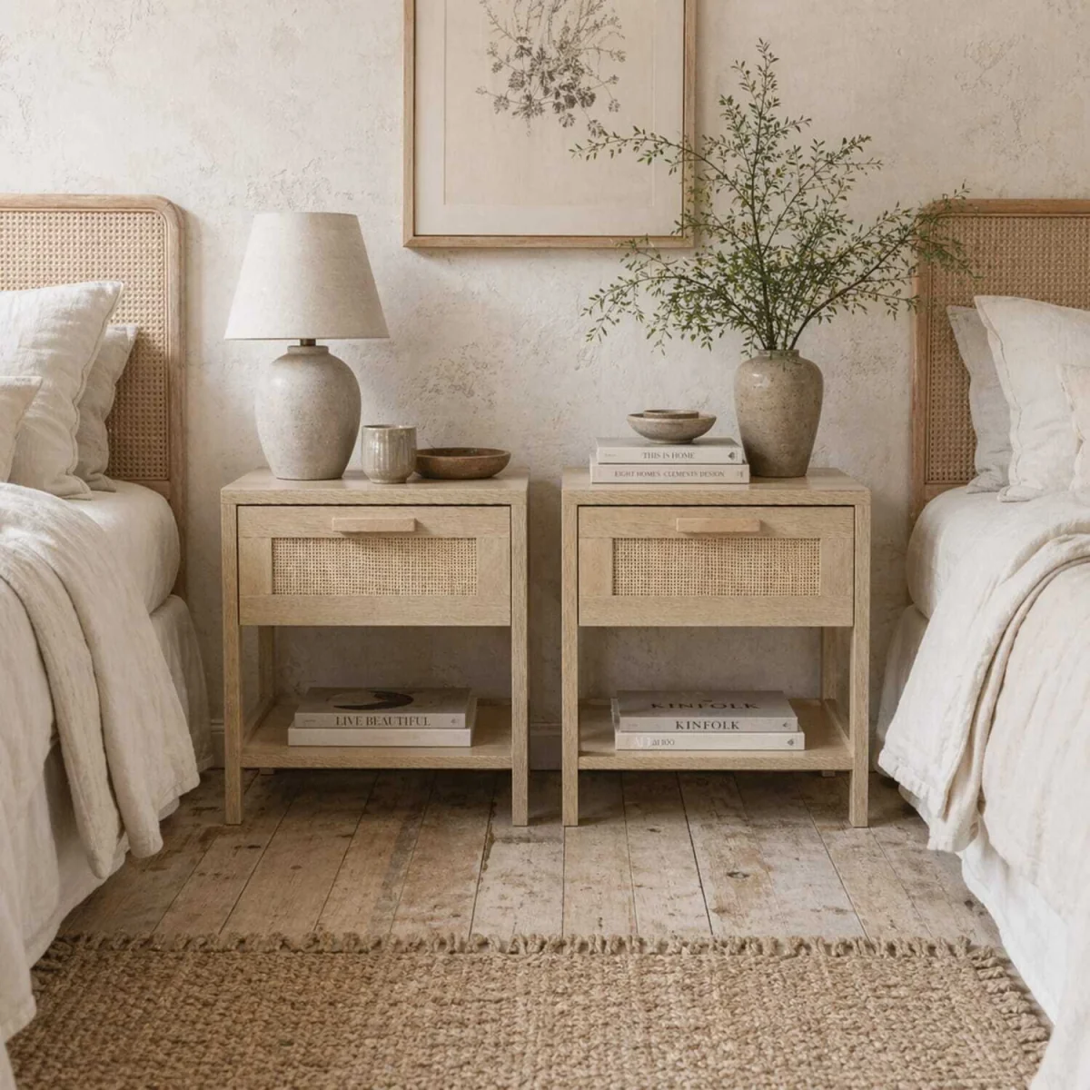 Vicoha Set of 2 Natural Rattan Drawer Bedside Tables with Open Shelf – image 1