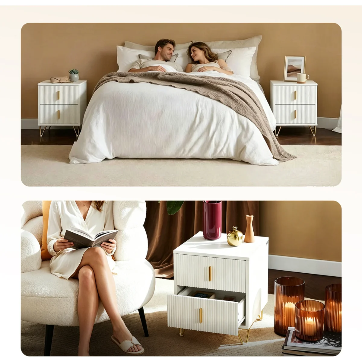 Set of 2 Bedsides with Gold Legs 2 Drawers - White – image 5