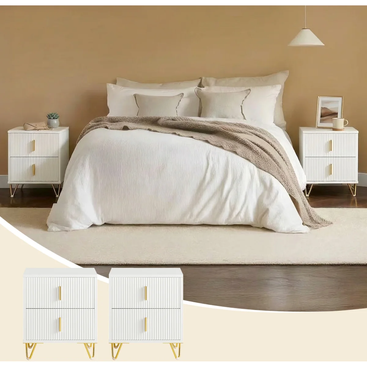 Set of 2 Bedsides with Gold Legs 2 Drawers - White – image 6