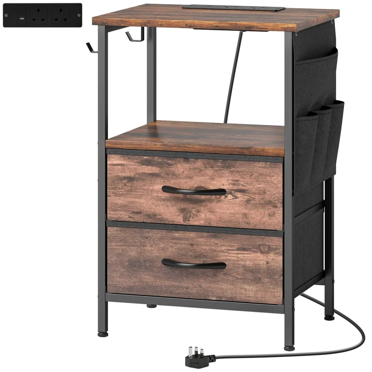 Yoroma Rustic Brown Bedside Table with Built-in Charging Ports and 2 Drawers – image 2