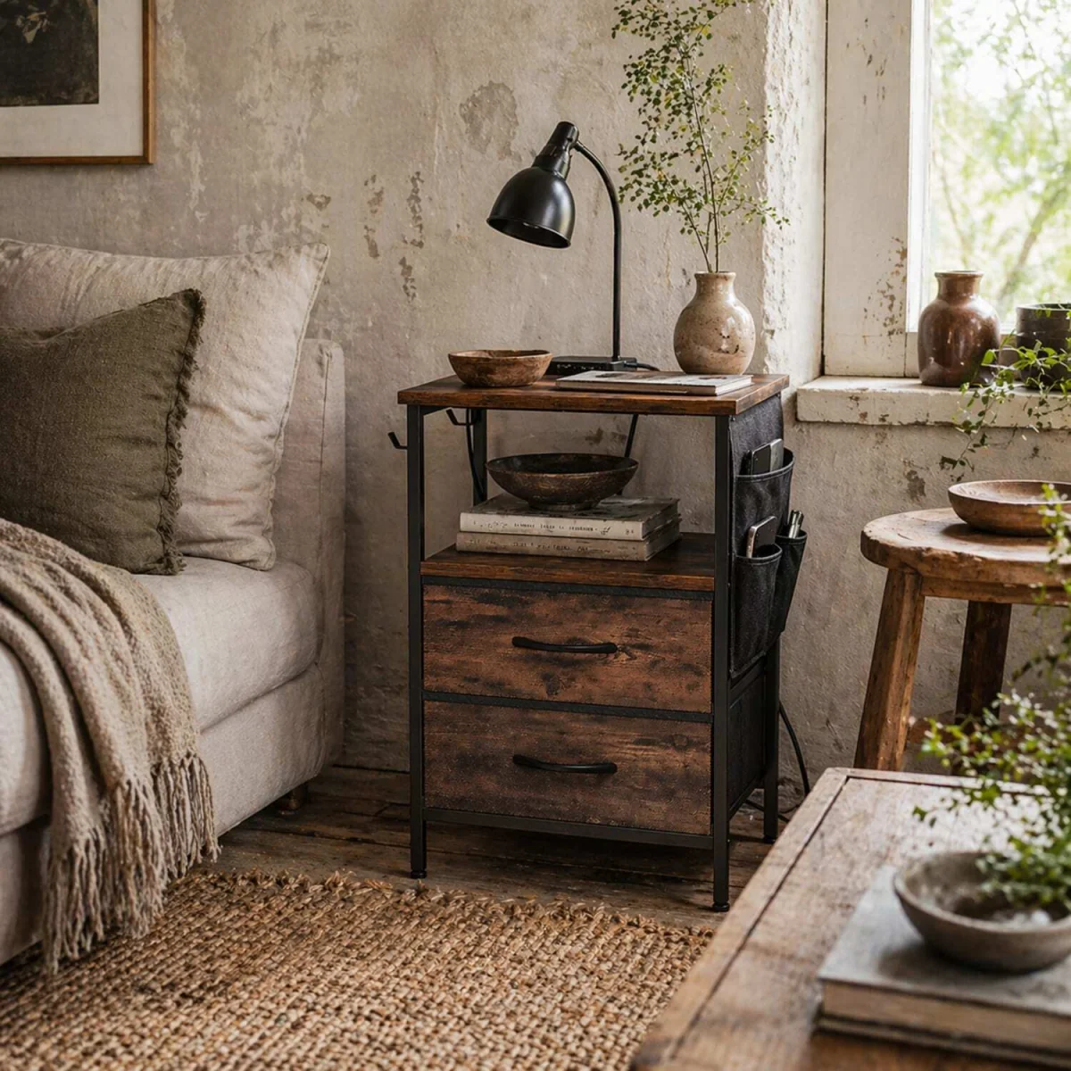 Yoroma Rustic Brown Bedside Table with Built-in Charging Ports and 2 Drawers – image 3