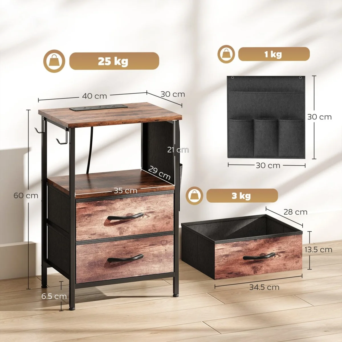 Yoroma Rustic Brown Bedside Table with Built-in Charging Ports and 2 Drawers – image 4