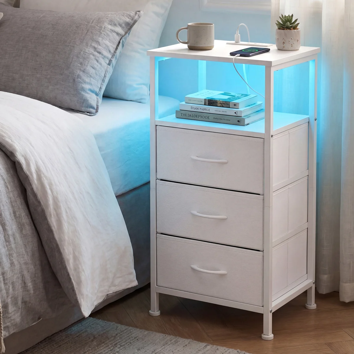 Two LED charging bedside tables with drawers - white – image 2