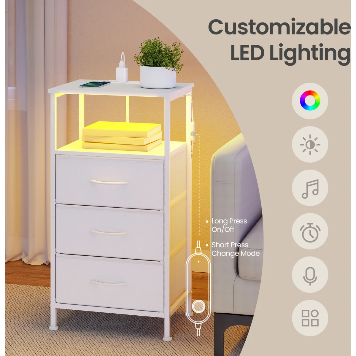 Two LED charging bedside tables with drawers - white – image 7