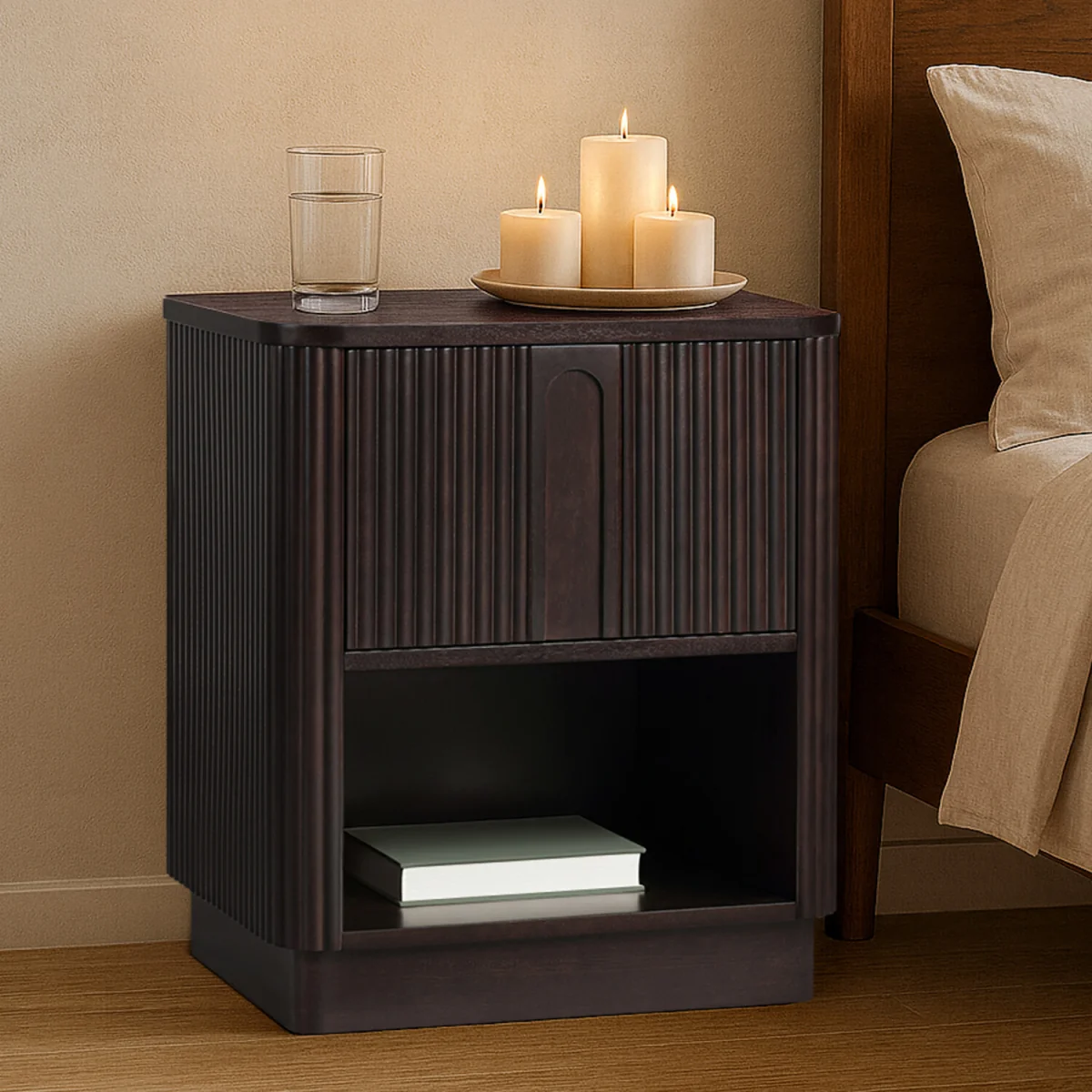 Reeded Bedside Table with Shelf and Push-Open Drawer - Black – image 3