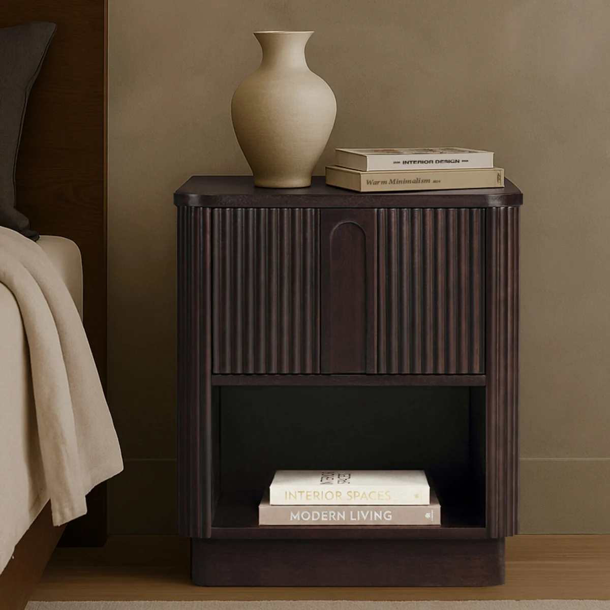 Reeded Bedside Table with Shelf and Push-Open Drawer - Black – image 5