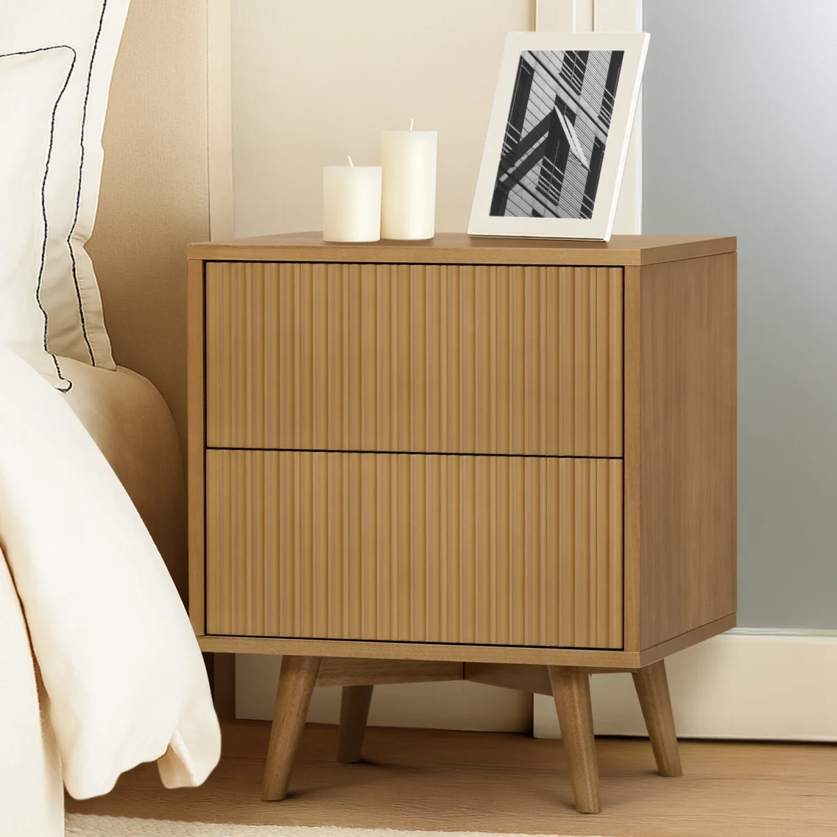 Teamson Home Tremolo Bedside Table with 2 Drawers and Fluted Fronts A - Natural – image 2