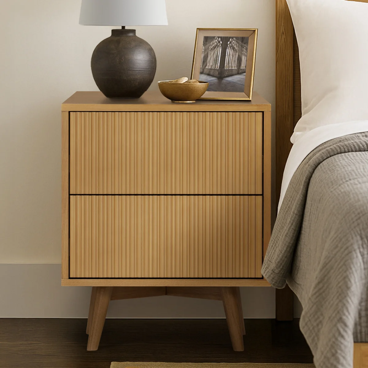 Teamson Home Tremolo Bedside Table with 2 Drawers and Fluted Fronts A - Natural – image 6