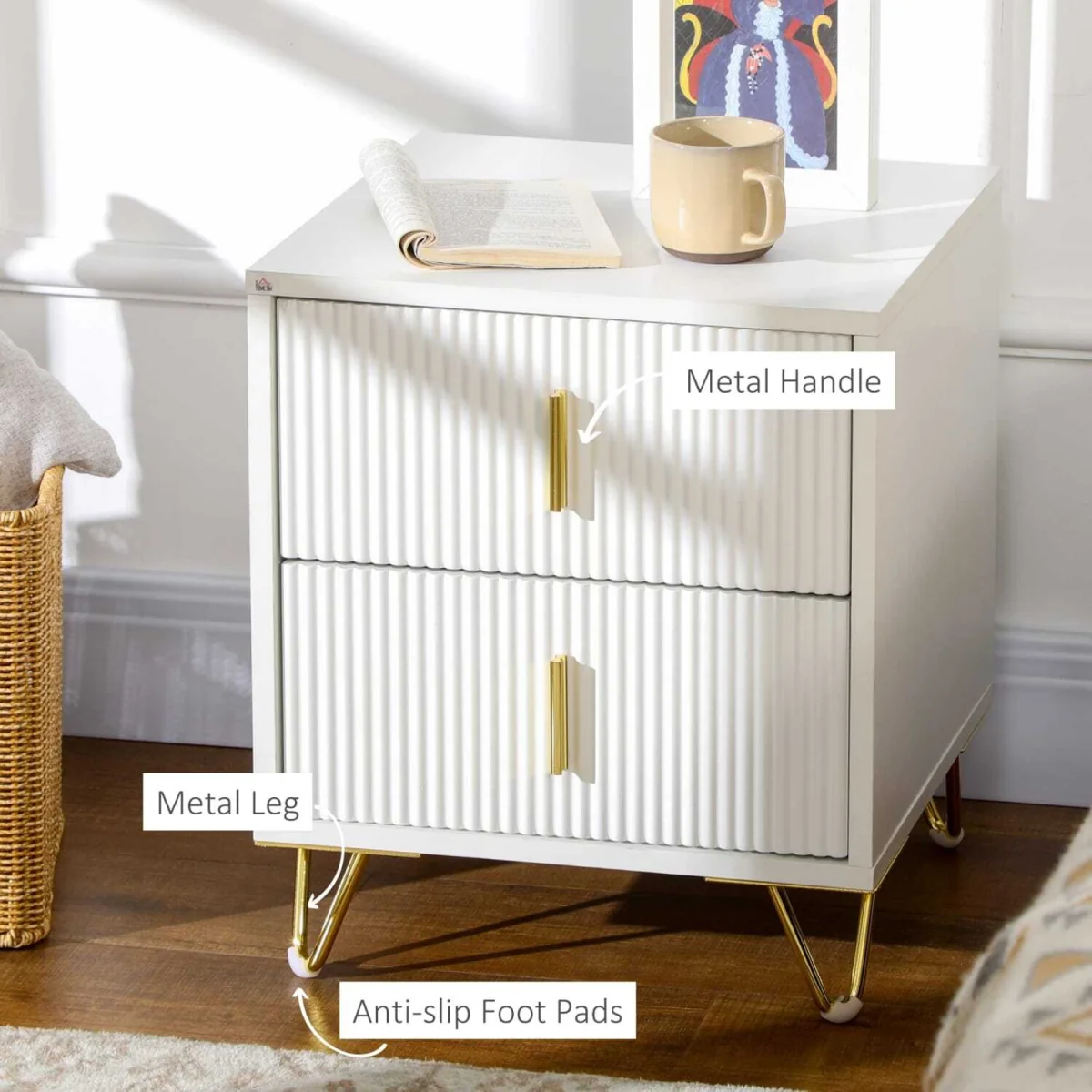 Bapano White and Gold 2-Drawer Ribbed Bedside Table – image 6
