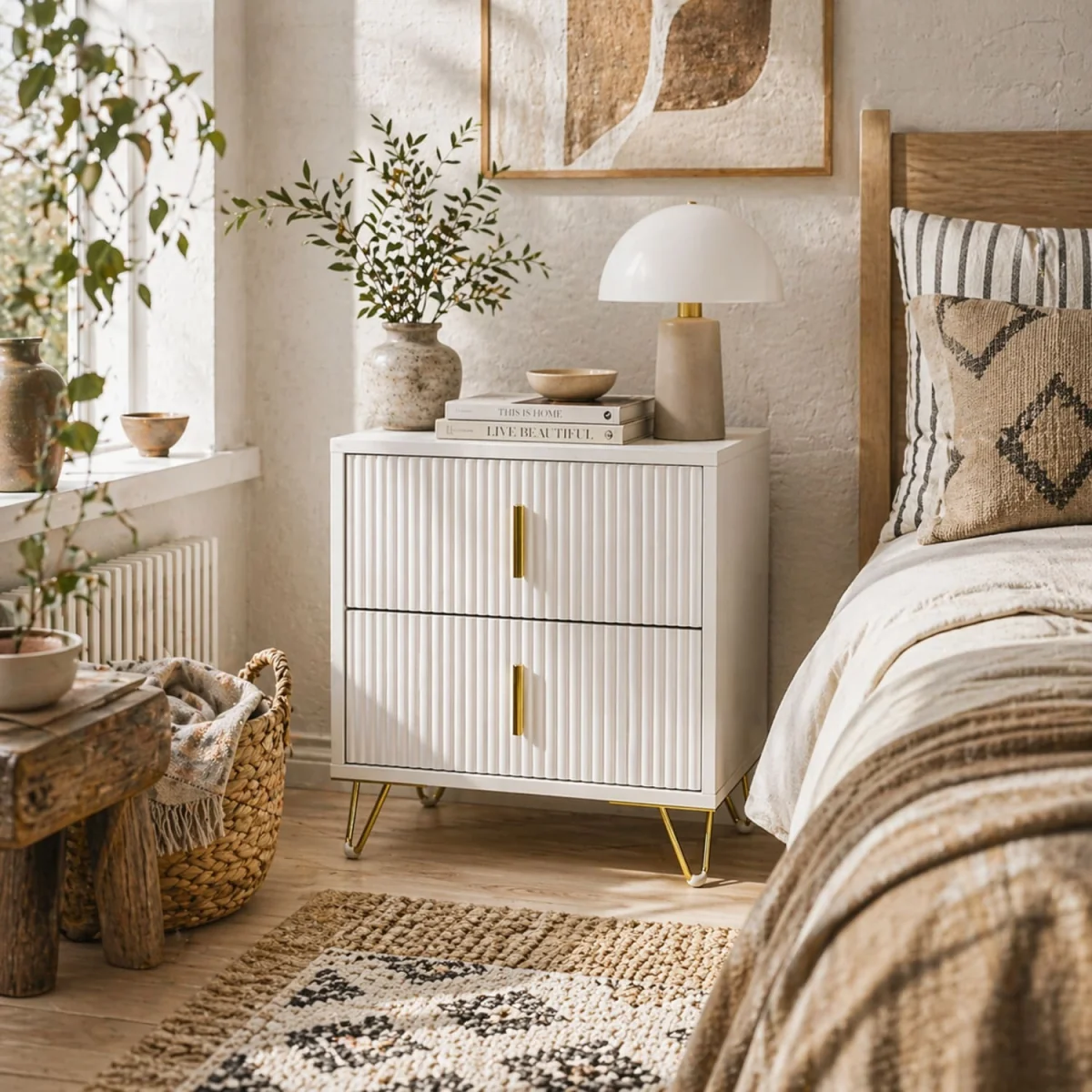 Bapano White and Gold 2-Drawer Ribbed Bedside Table – image 1