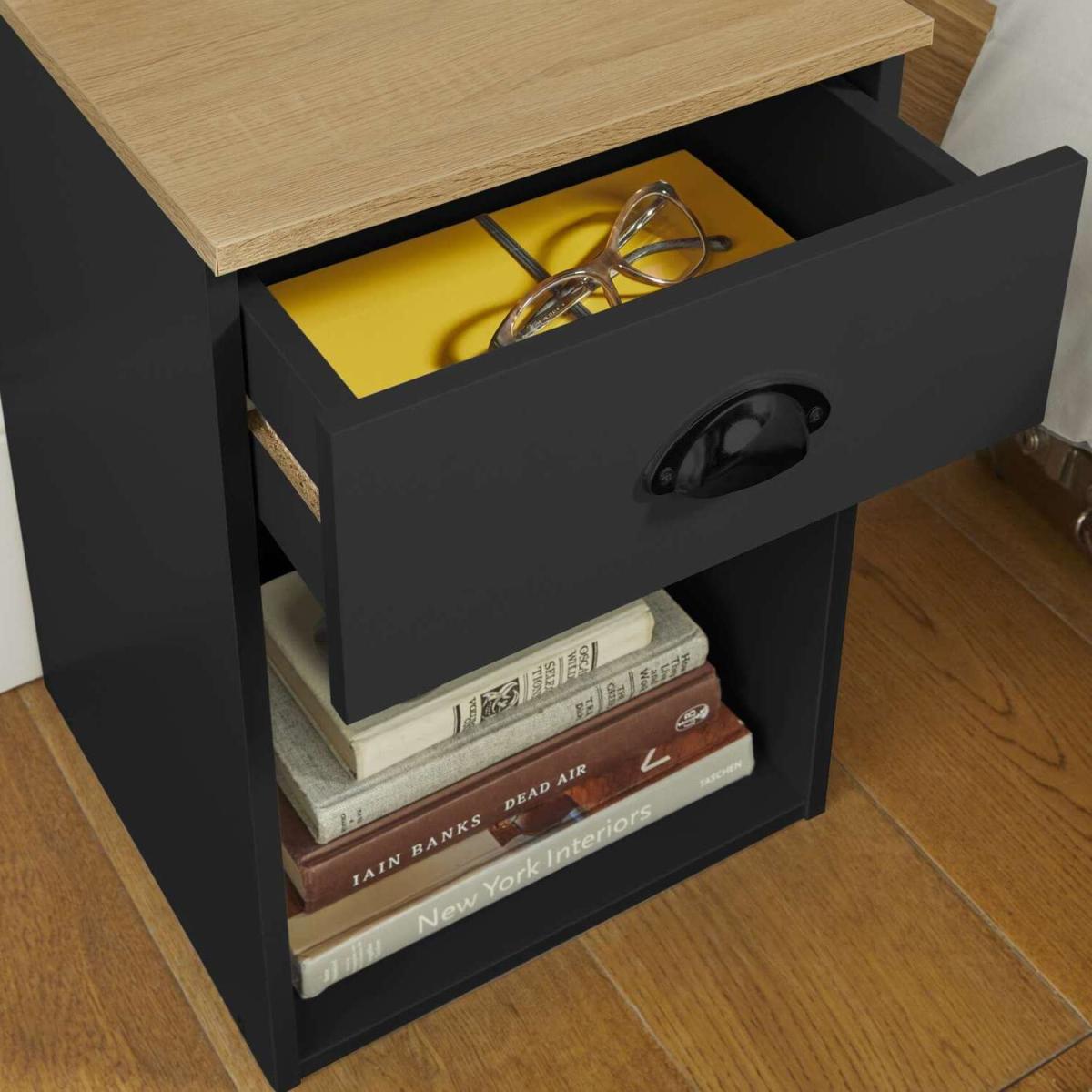 1 Drawer Bedside Table with Cup Handles in Black and Oak Effect - Black – image 2