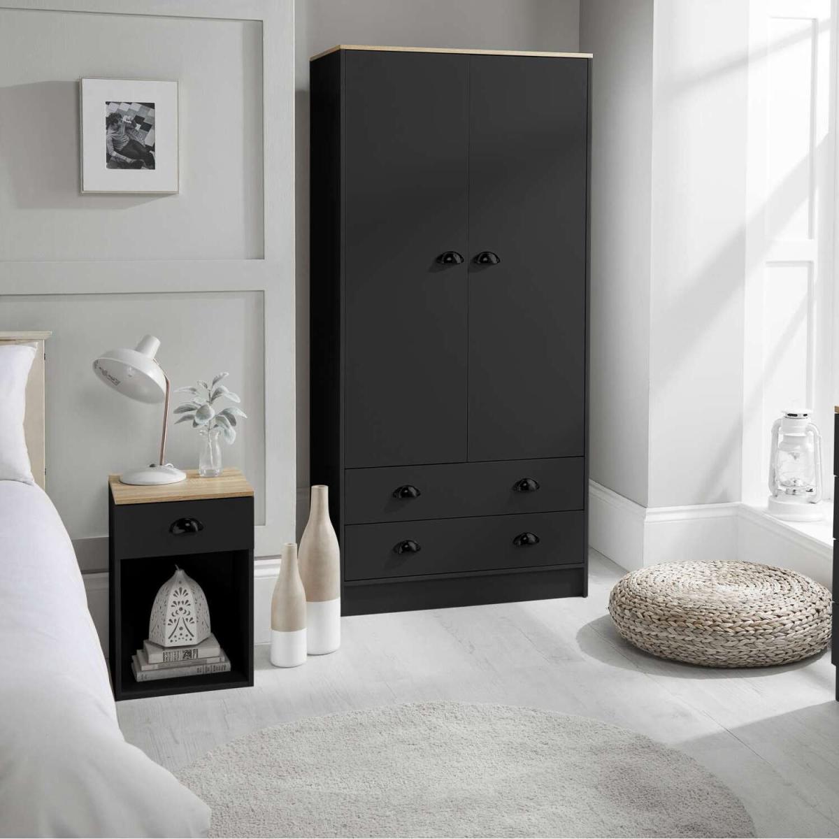 1 Drawer Bedside Table with Cup Handles in Black and Oak Effect - Black – image 3