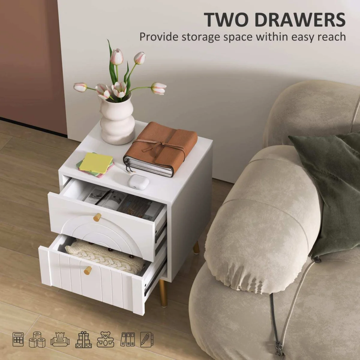 Leri Kama Set of 2 White Bedside Tables with 2 Drawers and Gold Handles – image 2
