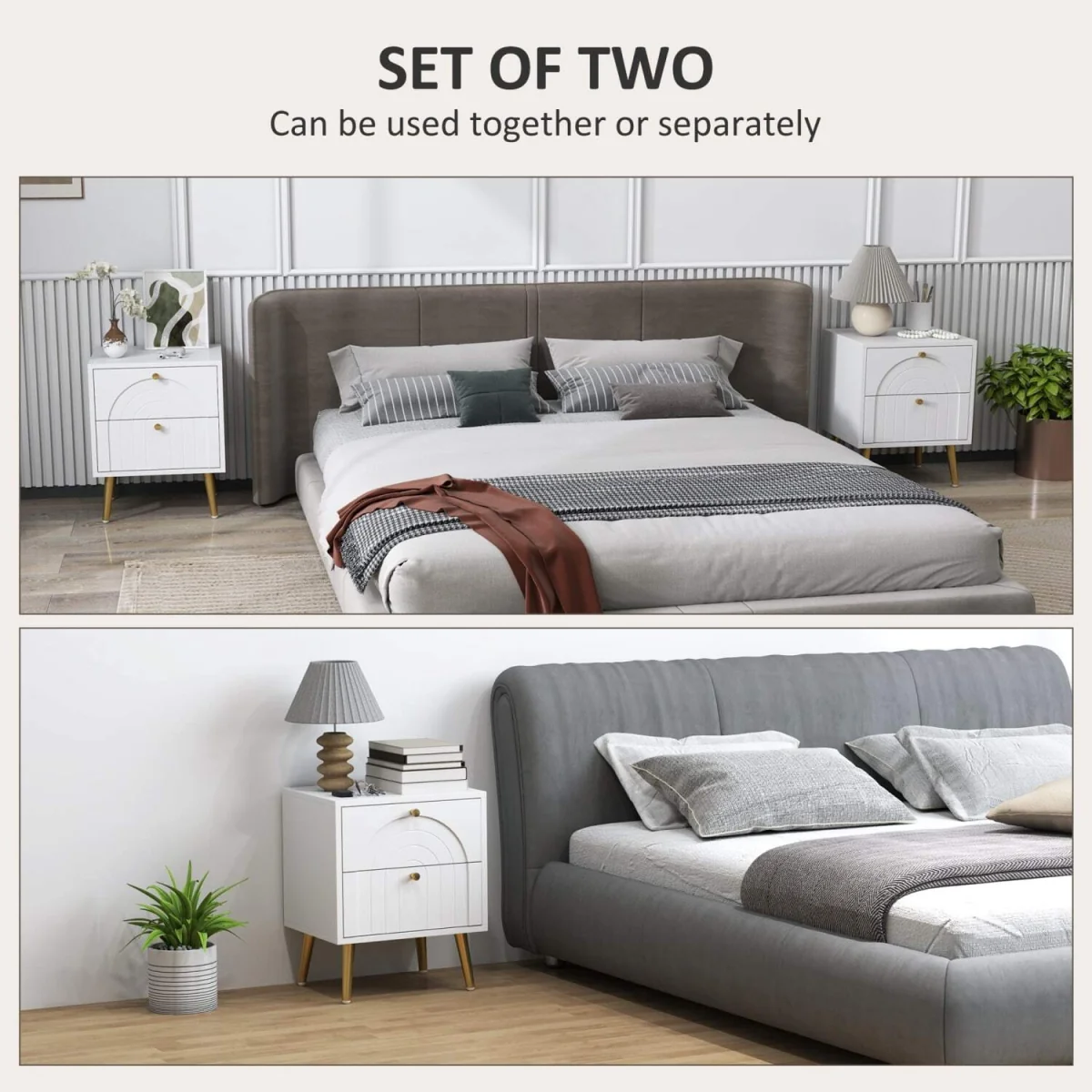Leri Kama Set of 2 White Bedside Tables with 2 Drawers and Gold Handles – image 5