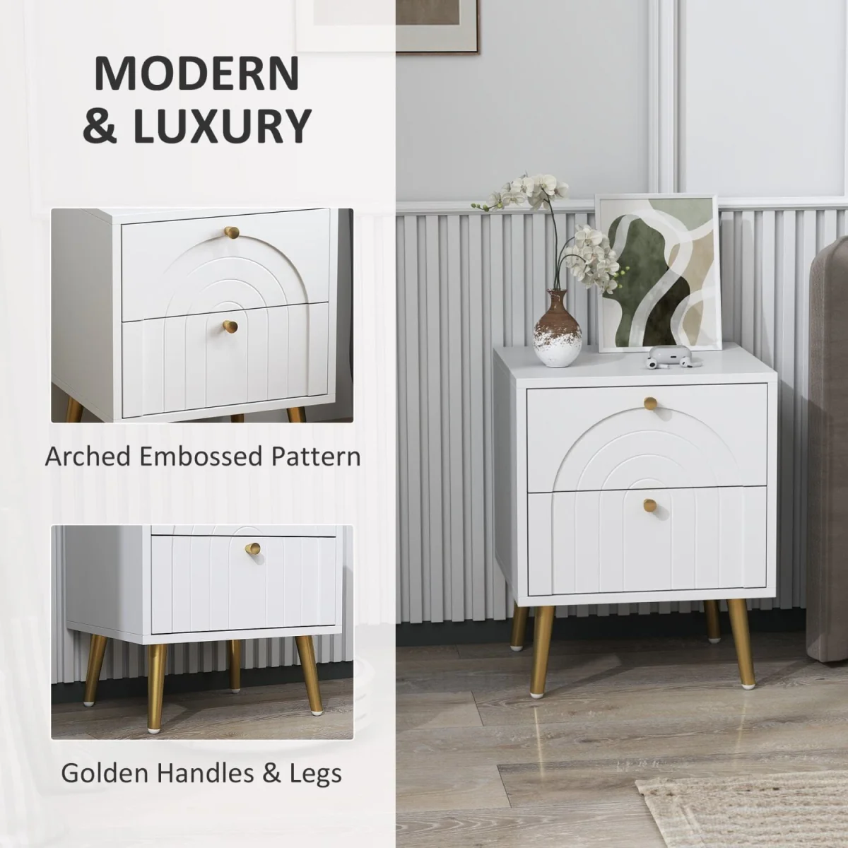 Leri Kama Set of 2 White Bedside Tables with 2 Drawers and Gold Handles – image 6