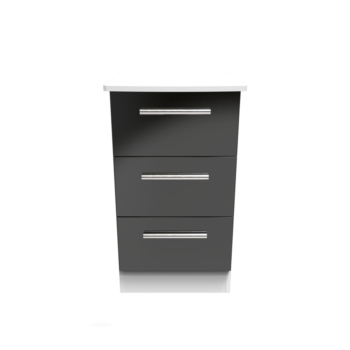 Knightsbridge Ready Assembled 3 Drawer Bedside Cabinet - Black Gloss & White