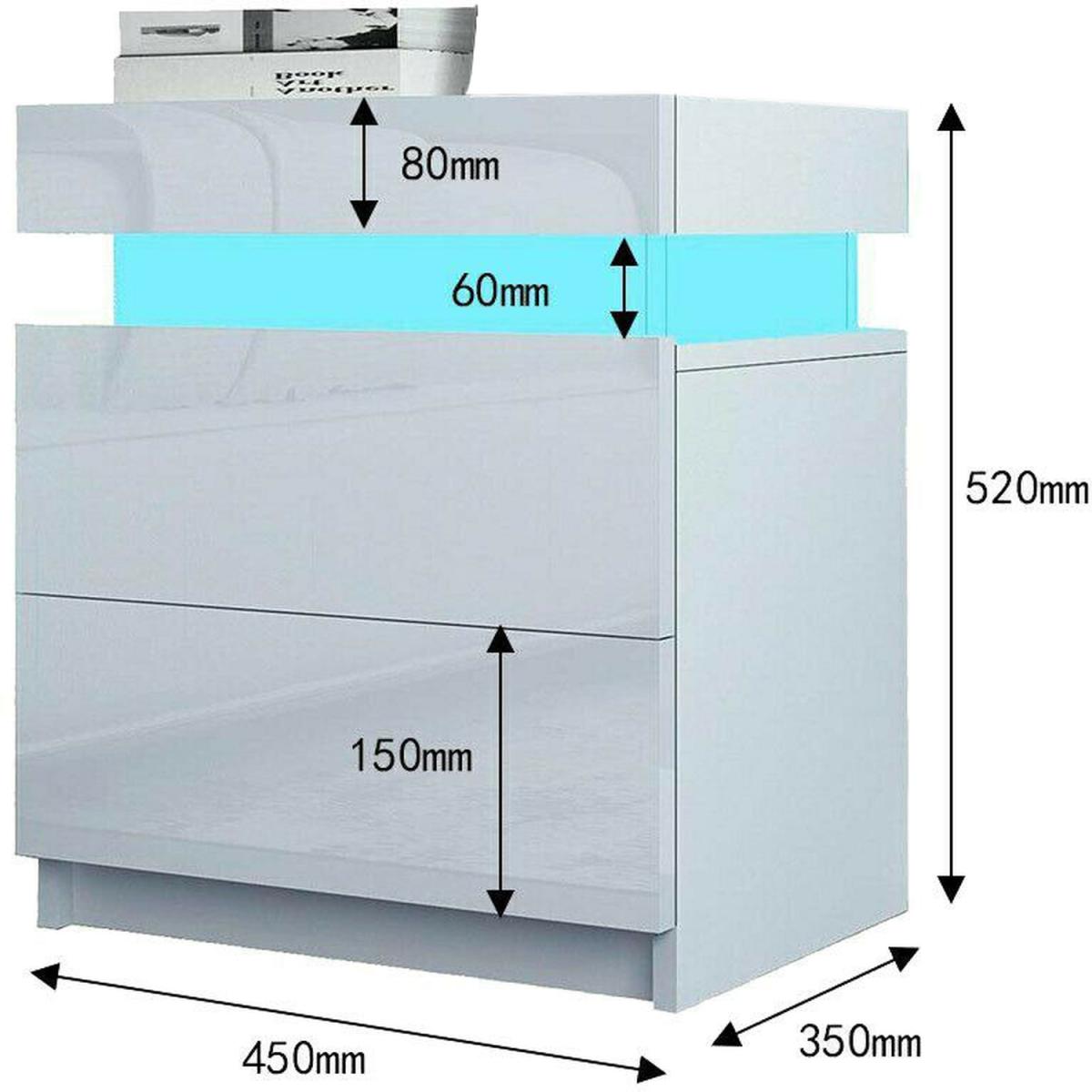 Bedside Table Nightstand 2 Drawers Front LED Light-white - White – image 3