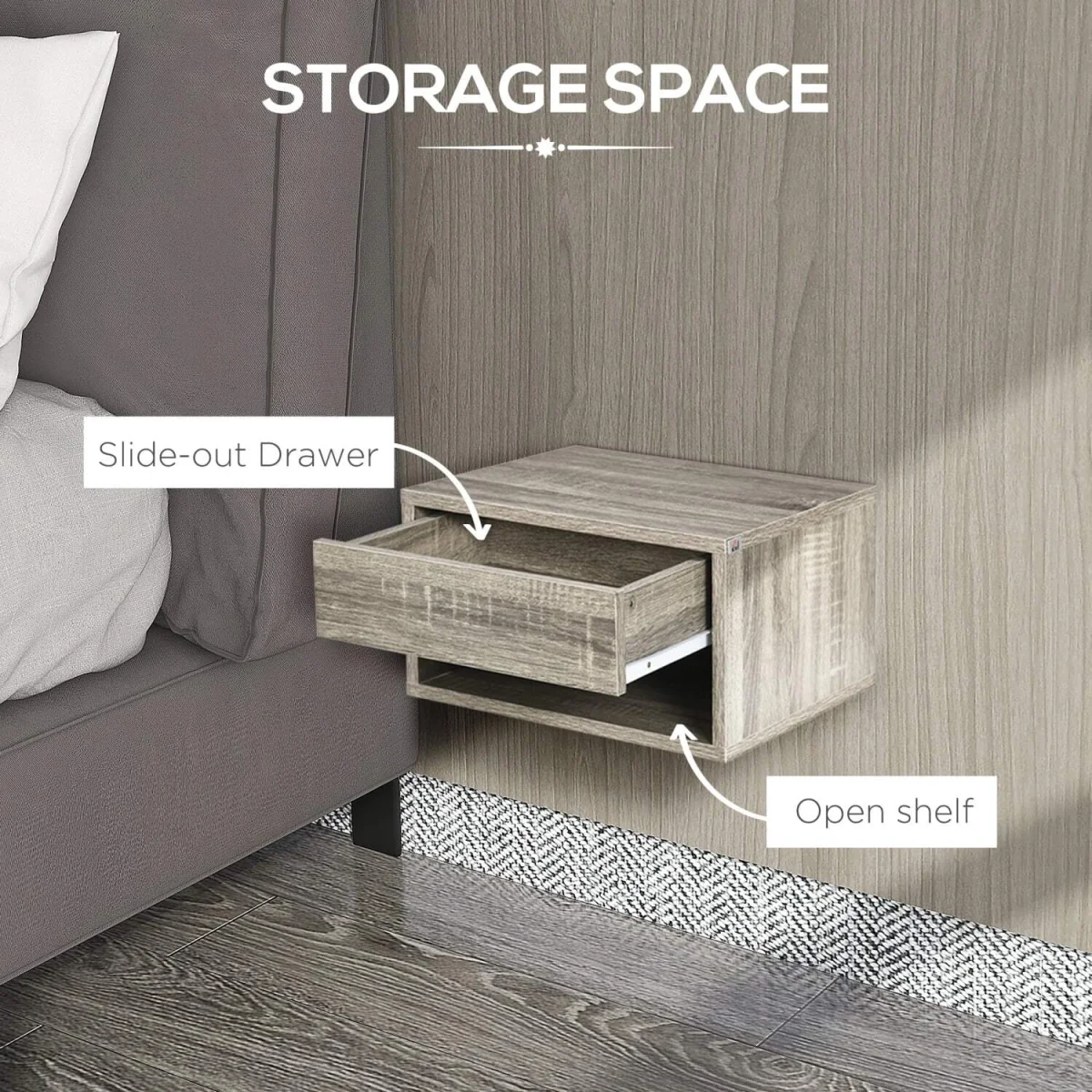 Rosama Set of 2 Grey Wood-Effect Floating Bedside Tables, Wall-Mounted, 1 Drawer, 1 Shelf – image 2