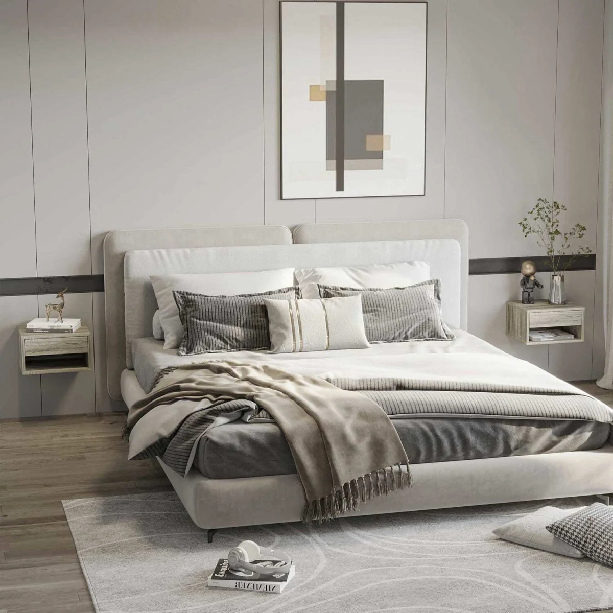 Rosama Set of 2 Grey Wood-Effect Floating Bedside Tables, Wall-Mounted, 1 Drawer, 1 Shelf – image 4