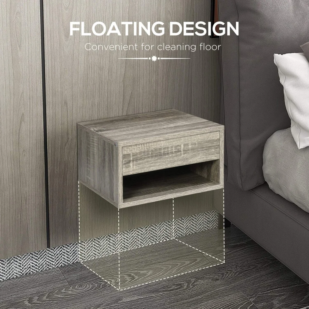 Rosama Set of 2 Grey Wood-Effect Floating Bedside Tables, Wall-Mounted, 1 Drawer, 1 Shelf – image 7