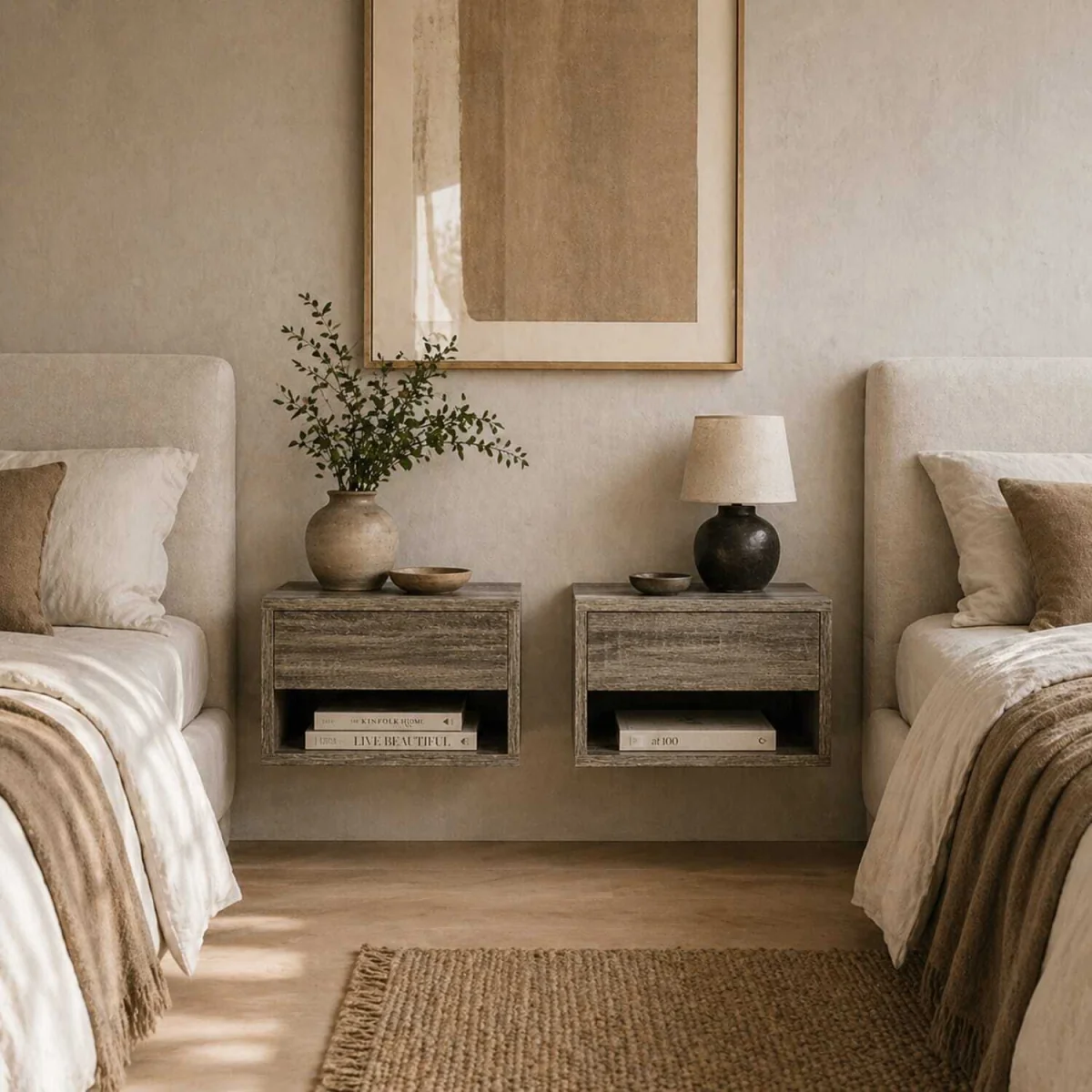 Rosama Set of 2 Grey Wood-Effect Floating Bedside Tables, Wall-Mounted, 1 Drawer, 1 Shelf – image 1