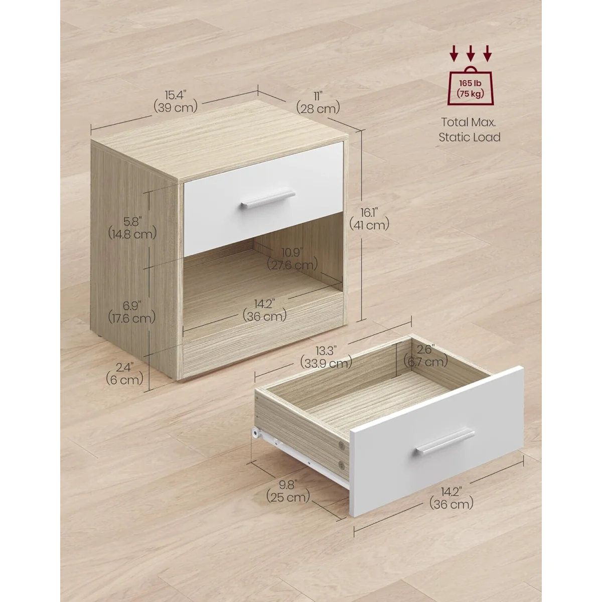 Bedside Table with Drawer and Open Storage Compartment, Compact Nightstand Storage Unit for Bedroom - Natural Beige, Cloud White – image 2