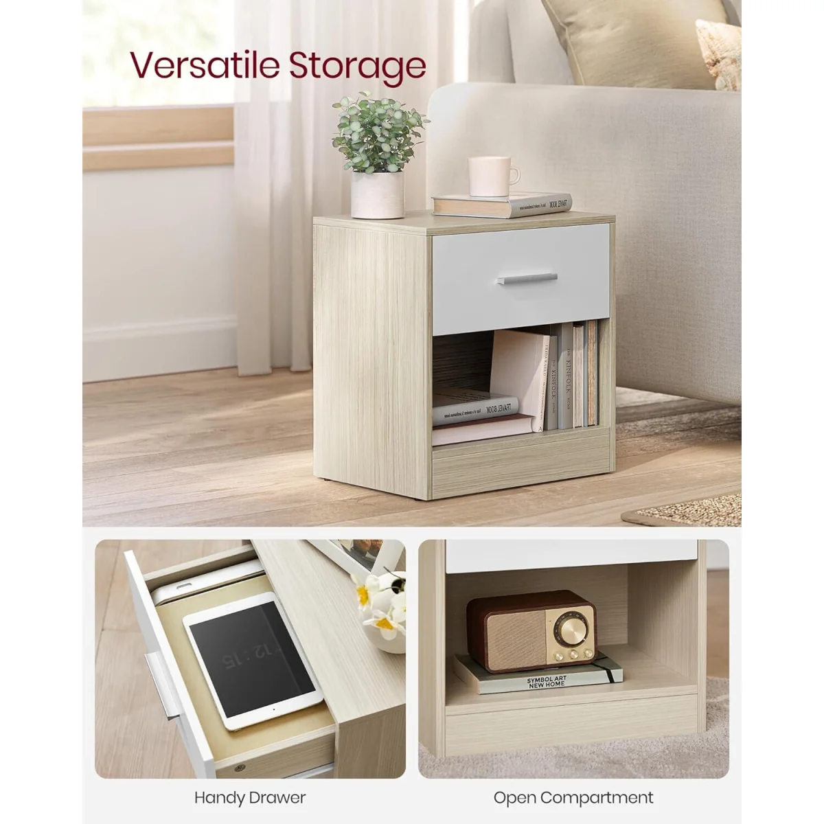 Bedside Table with Drawer and Open Storage Compartment, Compact Nightstand Storage Unit for Bedroom - Natural Beige, Cloud White – image 4
