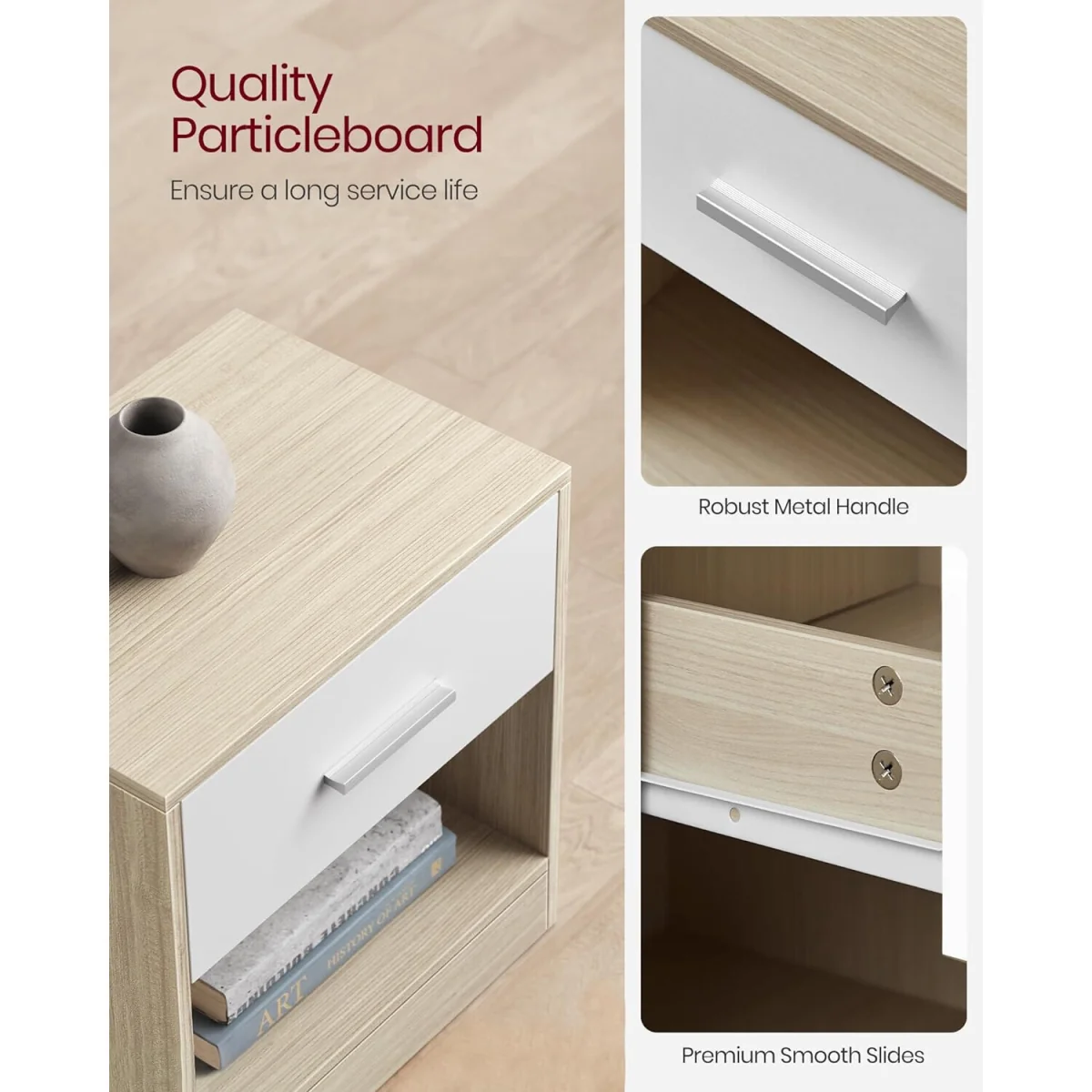 Bedside Table with Drawer and Open Storage Compartment, Compact Nightstand Storage Unit for Bedroom - Natural Beige, Cloud White – image 5
