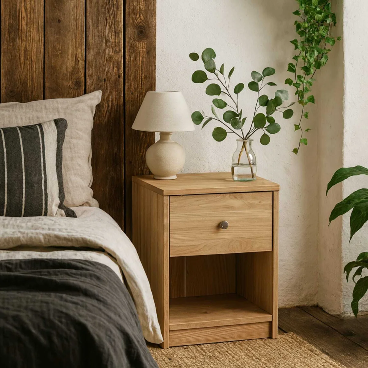 Kaohsiung Hickory Oak Effect Bedside Table 1 Drawer - Brown – image 3