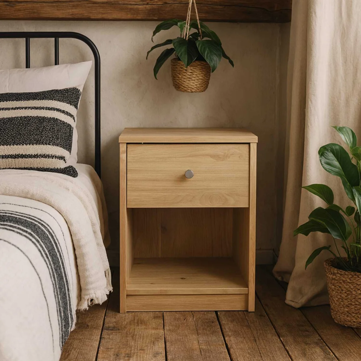 Kaohsiung Hickory Oak Effect Bedside Table 1 Drawer - Brown – image 1