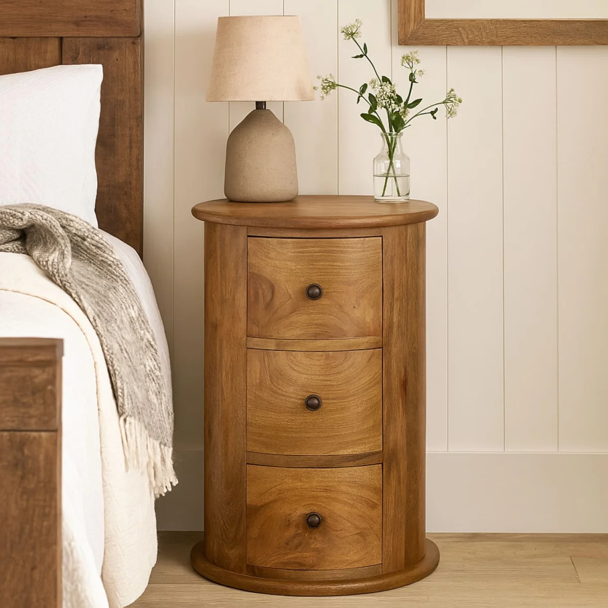 Amalfi 3-Drawer Mango Wood Drum Bedside Table - Brown – image 1