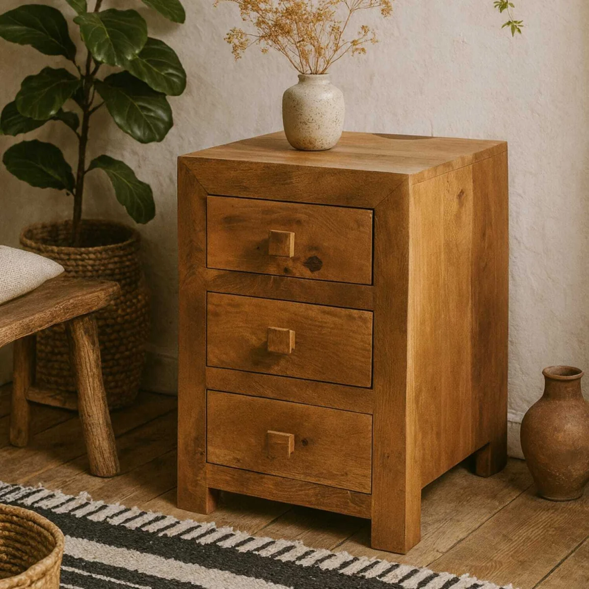 Manila Mango Wood 3-Drawer Bedside Table, Light Finish - Brown – image 2