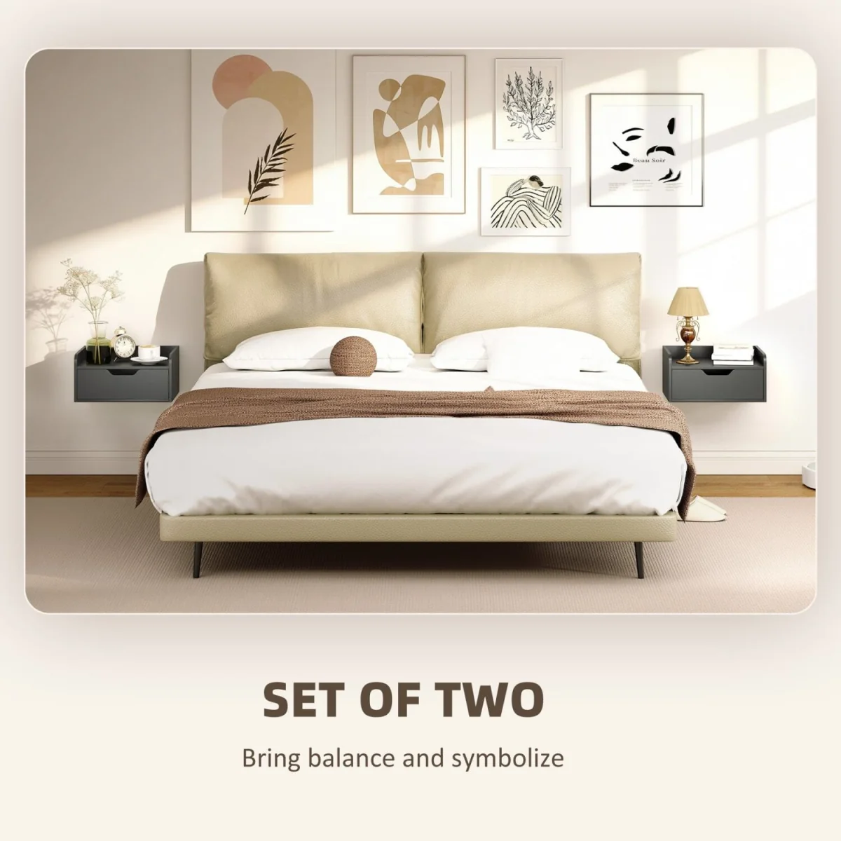 Levaco Set of 2 Wall-Mounted Black Wooden Bedside Tables with Drawer Storage – image 2