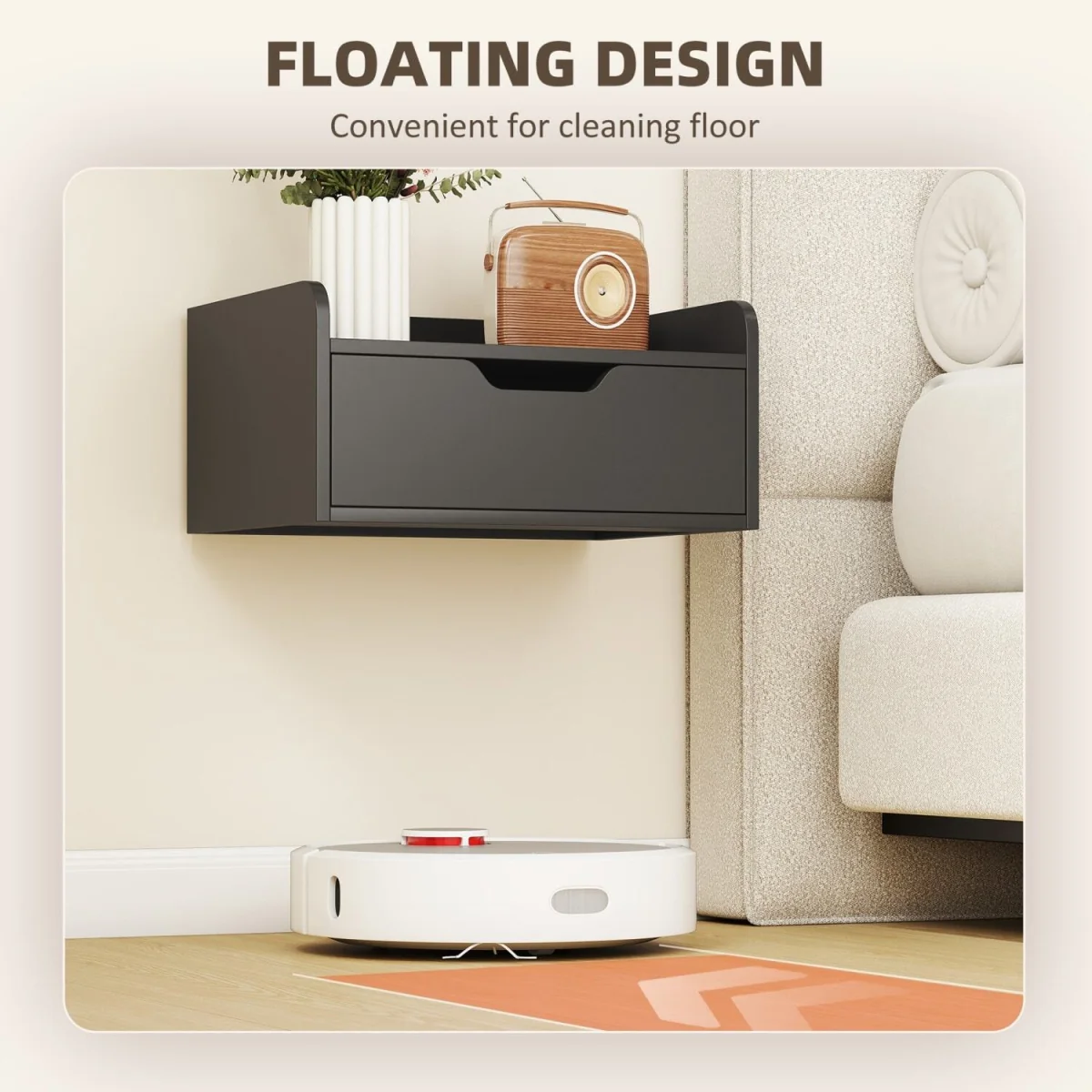 Levaco Set of 2 Wall-Mounted Black Wooden Bedside Tables with Drawer Storage – image 5