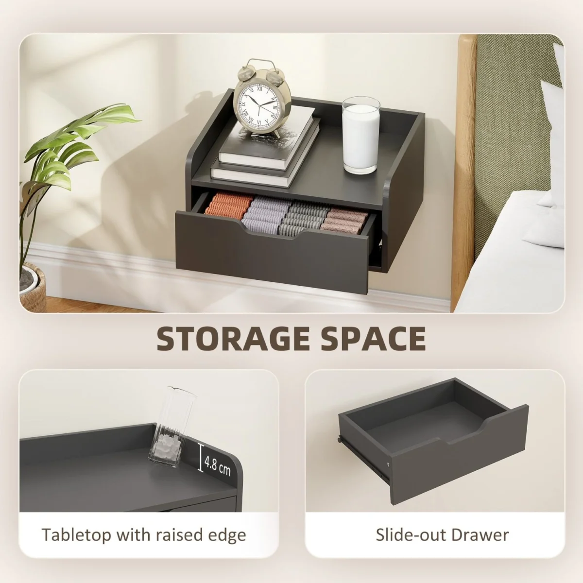 Levaco Set of 2 Wall-Mounted Black Wooden Bedside Tables with Drawer Storage – image 6