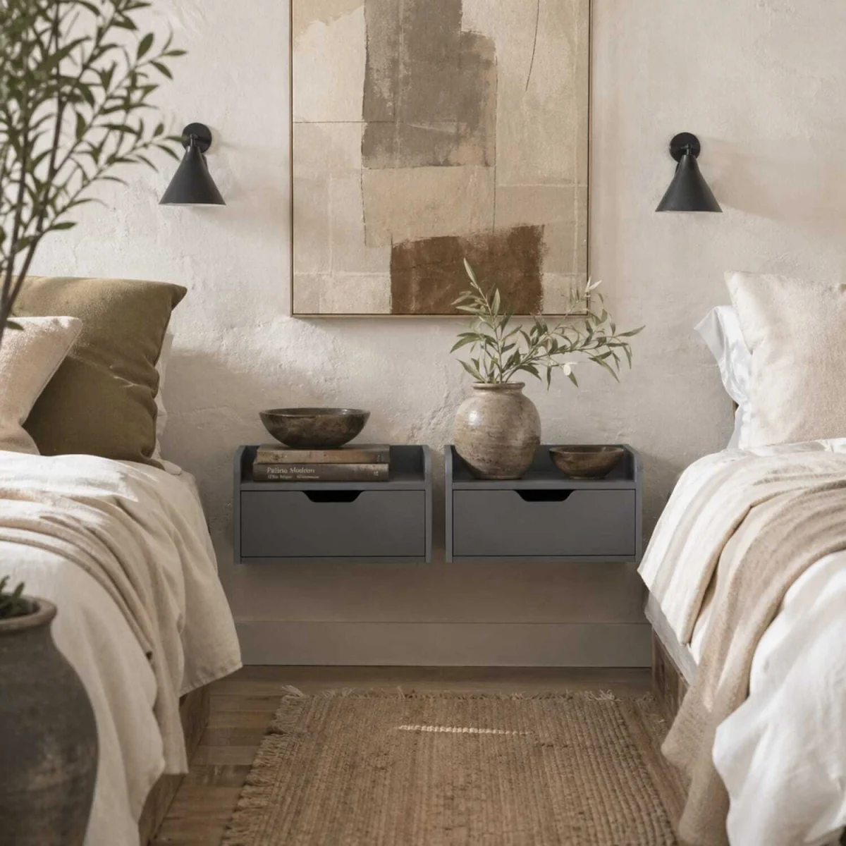 Levaco Set of 2 Wall-Mounted Black Wooden Bedside Tables with Drawer Storage – image 1