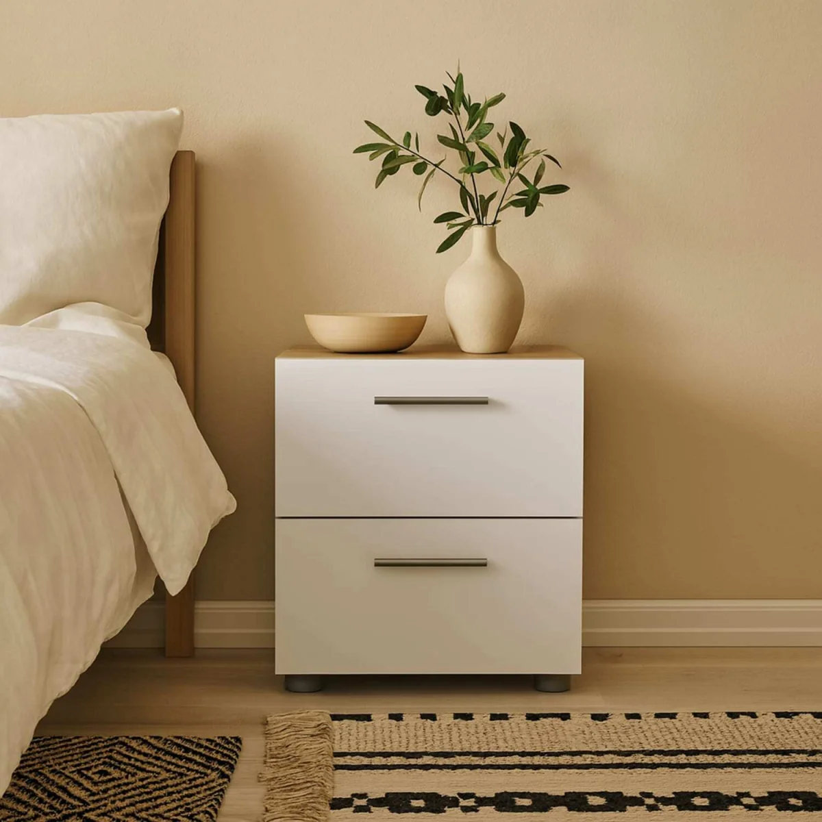 Daejeon Bedside Table - White Gloss and Natural Oak-Effect, 2 Drawers - White – image 2
