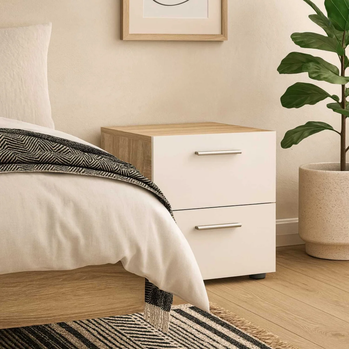Daejeon Bedside Table - White Gloss and Natural Oak-Effect, 2 Drawers - White – image 1