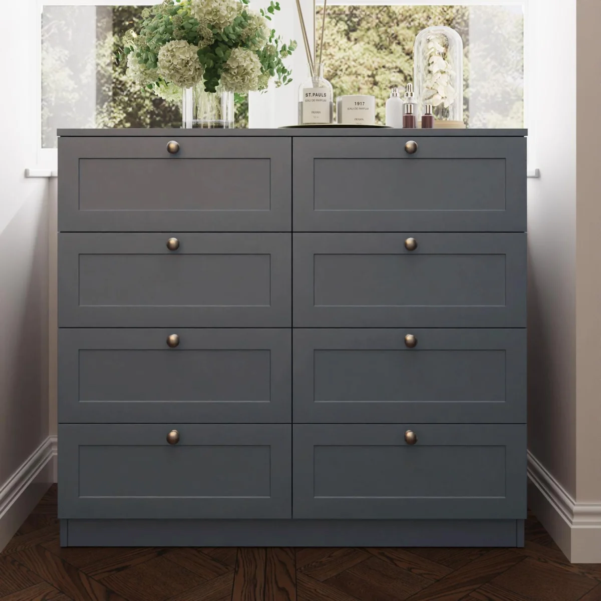 FWStyle Matt Grey 8 Drawer Chest Metal Handles Shaker Style Fronts - Dark Grey – image 2